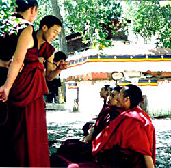 Textualist monks debate in the debate courtyard of the Jé College, se ra-Tibet.