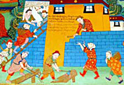 Lay people work to construct a temple in this mural in kong po khang tshan.